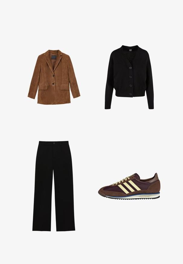 Blazer in suede marrone con revers a scollo a V, due tasche frontali e chiusura a un bottone. Texture liscia, vestibilità su misura e dettagli minimi.; Cardigan nero in maglia con scollo a V, cinque bottoni frontali, orlo e polsini a coste, e design cropped. Tessuto morbido con uno stile casual.; Maglietta bianca a maniche lunghe, con scollo rotondo, vista da dietro, posata piatta su uno sfondo bianco.; Pantaloni neri a vita alta, a gamba larga, realizzati in un tessuto morbido, con davanti piatto, chiusura con bottone e senza tasche visibili.; Sneaker marrone e bordeaux realizzato in materiali scamosciati e in rete, caratterizzato da tre strisce color crema, tessuto testurizzato sulla linguetta e suola in gomma.