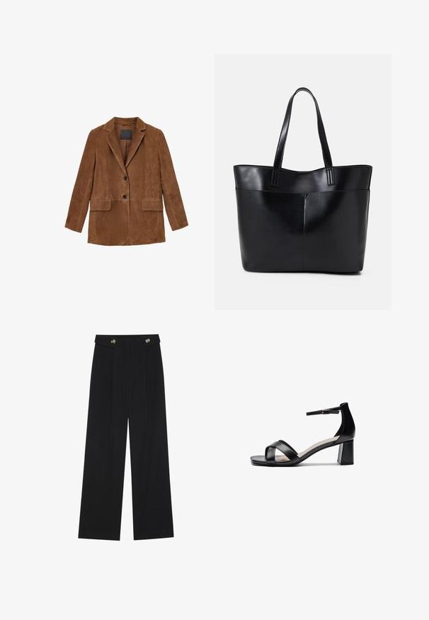 Blazer de ante marrón con solapa de muesca, dos bolsillos frontales y cierre de un solo botón. Textura suave, corte ajustado y detalles mínimos.; Top negro de manga larga con puños acampanados, textura suave y un ajuste relajado, con un sencillo cuello redondo.; Pantalones de pierna ancha negros con cintura alta, detalles de botones en la cinturilla y pliegues en la parte delantera.; Sandalía negra de tacón abierto con tiras cruzadas, correa de tobillo ajustable y un tacón grueso, que presenta una textura de cuero suave.; Bolso tote de cuero negro con dos asas largas, textura suave y forma estructurada. Cuenta con un bolsillo frontal para almacenamiento adicional.