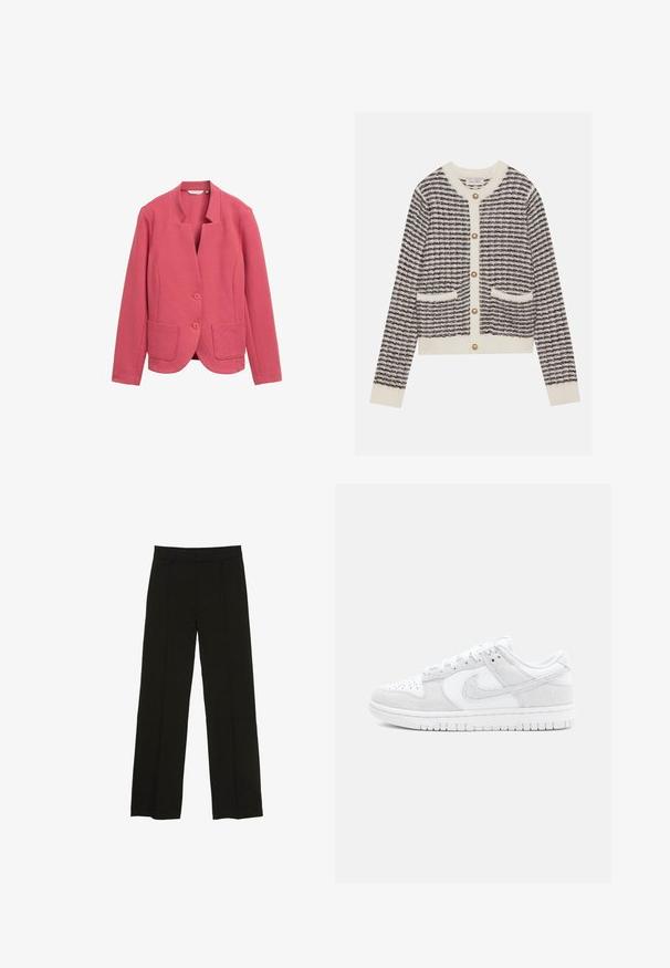 Pink textured blazer with a shawl collar, two front pockets, and two buttons. Simple design with a tailored fit and smooth fabric.; Knitted cardigan in cream and navy with horizontal stripes, featuring round pearl buttons and two front pockets. Ribbed cuffs.; Black wide-leg trousers made from a smooth fabric, featuring a fitted waistband and subtle front pleats for added texture.; White Nike sneakers featuring a mix of textured leather and suede, with a low-top design, round toe, and patterned rubber sole.