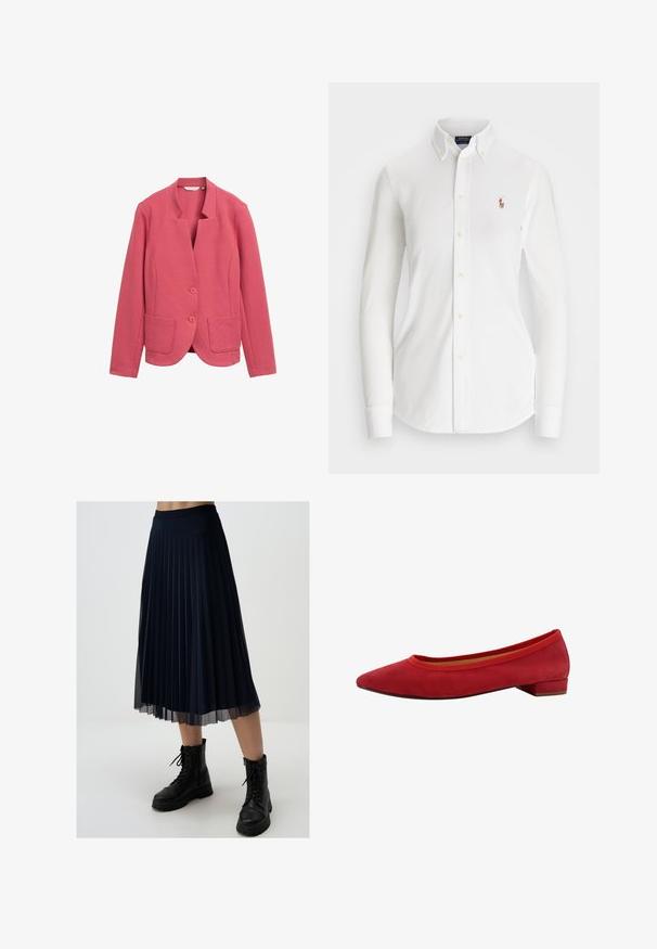 Rosa strukturierter Blazer mit Schalkragen, zwei Fronttaschen und zwei Knöpfen. Einfaches Design mit tailliertem Schnitt und glattem Stoff.; Weißes Langarm-Hemd mit Knöpfen und spitzem Kragen aus Baumwolle. Verfügt über ein kleines gesticktes Logo auf der linken Brust.; Marineblauer Faltenrock aus leichtem Stoff, mit mittellanger Länge bis zur Wadenmitte und einem enganliegenden Taillenbund, kombiniert mit schwarzen Kampfstiefeln.; Rote Wildleder Ballerinas mit spitzem Zeh, niedrigem Blockabsatz und elastischem Besatz am Schaft für eine enge Passform.