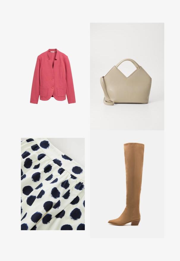 Blazer rosa strutturato con colletto a scialle, due tasche frontali e due bottoni. Design semplice con vestibilità su misura e tessuto liscio.; T-shirt a maniche lunghe in cotone azzurro chiaro. Presenta un collo rotondo e cuciture semplici. L'etichetta riporta "NEXT", taglia S.; Gonna di tessuto bianco con pois circolari blu navy. La gonna ha una vita arricciata e una superficie liscia.; Stivali color cammello al ginocchio realizzati in un materiale liscio, con punta affilata e tacco basso impilato. Design semplice, senza motivi o accenti visibili.; Borsa a mano strutturata beige con un'apertura a V, in pelle liscia, manici corti e una lunga tracolla regolabile. Design minimalista.