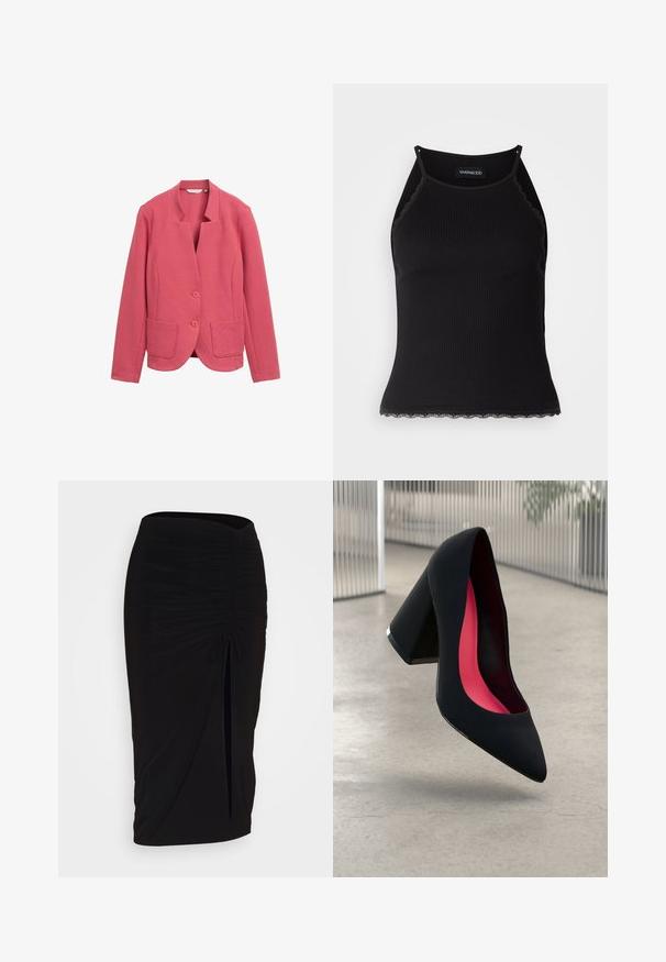 Blazer texturat de culoare roz, cu guler tip șal, două buzunare frontale și două butoane. Design simplu cu o croială ajustată și țesătură fină.; Top de bumbac negru cu nervuri, cu dantelă ondulată la margine. Are bretele subțiri și un design ajustat. Fabricat din material elastic.; Fustă creion neagră, plisată, cu detalii cu fundă și o fanta laterală. Fabricată dintr-un material elastic, cu o textură netedă și un design care se mulează pe corp.; Cămașă cu toc înalt, neagră, cu vârful ascuțit, suprafață texturată și interior de un roz vibrant. Dispune de un toc gros cu accent argintiu.