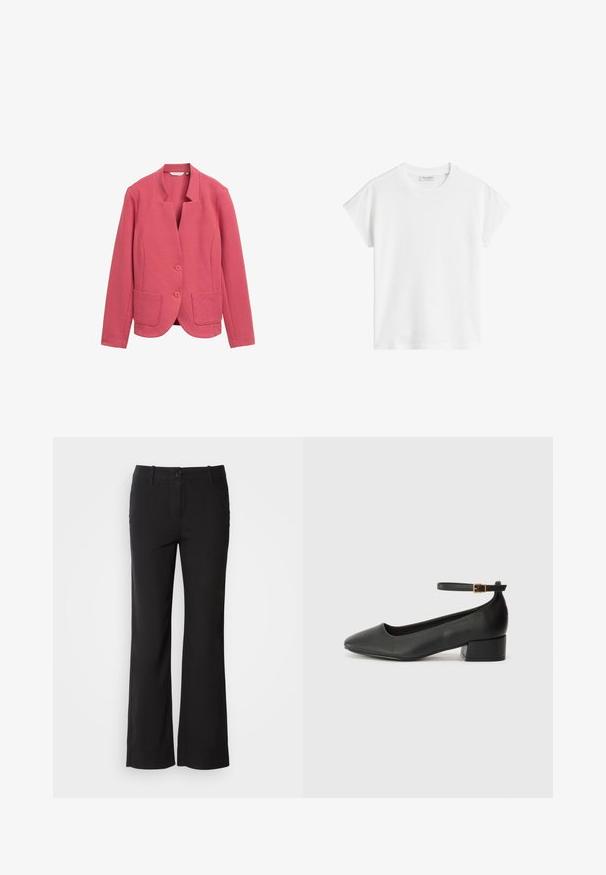 Rosa tekstureret blazer med sjalskrave, to frontlommer og to knapper. Enkel design med skræddersyet pasform og glat stof.; Hvid kortærmet t-shirt lavet af bomuld. Har en afslappet pasform med rund hals og en let sænket skuldersøm. Uden mønstre eller detaljer.; Sorte bomuldsblandede bukser med lige ben-design, frontknaplukning og to sidelommer. Glat tekstur, ingen synlige mønstre.; Sorte læderpumper med spids tå og en lav blokhæl. Har en ankelrem med en guldfarvet spænde. Glat tekstur.