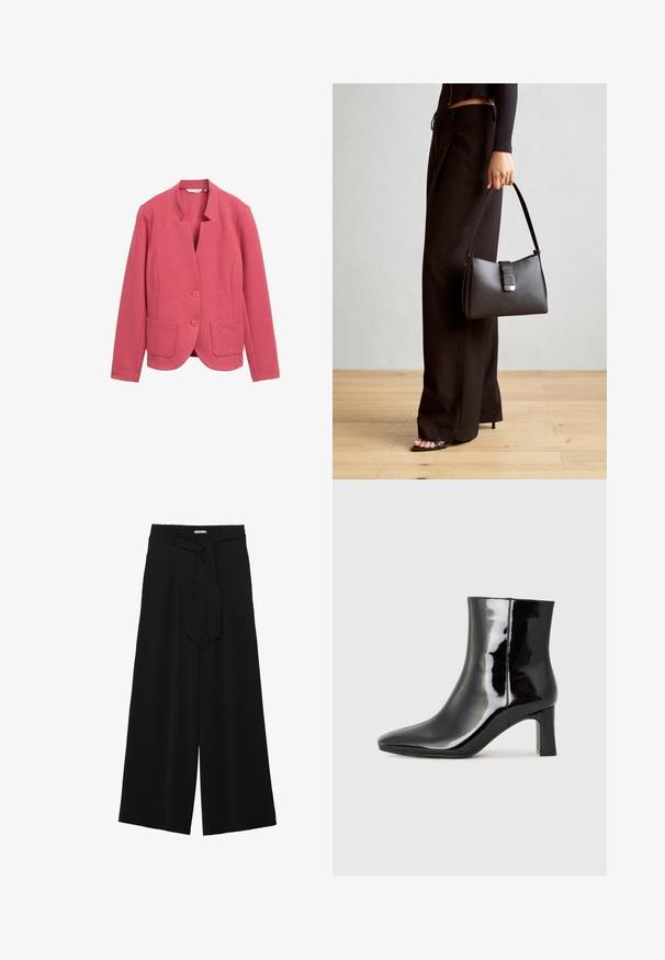 Blazer rose texturé avec un col châle, deux poches avant et deux boutons. Design simple avec une coupe ajustée et un tissu lisse.; Top noir à manches longues avec des poignets évasés, texture douce et coupe décontractée, doté d'un col rond simple.; Pantalons larges noirs en tissu texturé, avec une taille élastique et une ceinture à nouer amovible à la taille pour un ajustement variable.; Bottines en cuir verni noir avec un bout pointu et un talon block de hauteur moyenne. Texture lisse et design minimaliste.; Sac à main noir à la forme structurée, texture lisse et fermoir métallique. Associé à un pantalon noir ample et des sandales ouvertes sur un sol en bois.