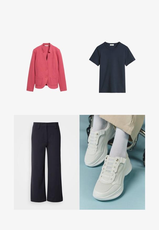 Różowa teksturowana marynarka z kołnierzem szalowym, dwoma przednimi kieszeniami i dwoma guzikami. Prosty design z dopasowanym krojem i gładkim materiałem.; Granatowa bawełniana koszulka z okrągłym dekoltem i krótkimi rękawami. Materiał wydaje się gładki, bez widocznych wzorów ani akcentów.; Spodnie o szerokich nogawkach w ciemnonawowym materiale. Posiadają płaski przód, szlufki na pasek oraz kieszenie boczne. Materiał jest gładki z lekkim streczem.; Białe sneakersy z siateczkowego materiału, gumową podeszwą, bezsznurowym designem z elastycznymi paskami oraz złotymi akcentami.
