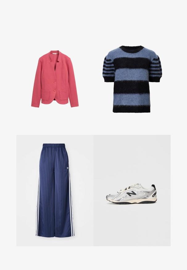 Blazer rosa strutturato con colletto a scialle, due tasche frontali e due bottoni. Design semplice con vestibilità su misura e tessuto liscio.; Maglione a maniche corte in una combinazione di blu e nero, caratterizzato da spesse righe orizzontali e una morbida texture pelosa. Collo tondo, vestibilità comoda.; Pantaloni a gamba larga blu navy con strisce verticali bianche, cintura elastica e tre strisce bianche su ciascun lato, realizzati in un materiale leggero.; Scarpa sportiva grigia e bianca con punta arrotondata, realizzata in materiali sintetici e mesh, dettagli neri e suola in gomma testurizzata.