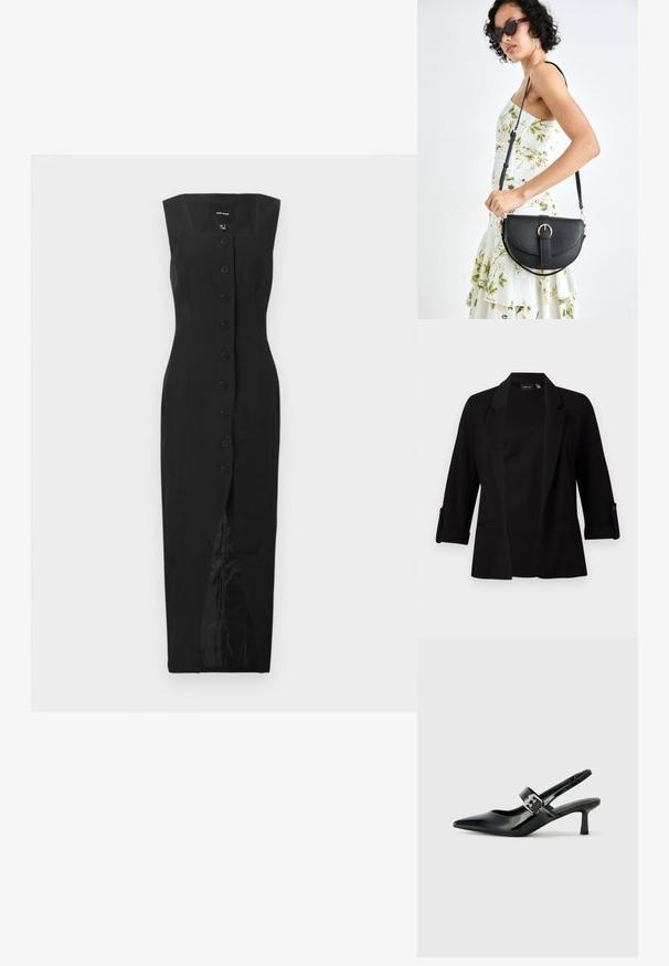 Black blazer with three-quarter sleeves, structured lapel, front open design, and button detail on sleeves. Smooth fabric texture.; Black sleeveless midi dress with square neckline, front button closure, and center slit, displayed on a plain white background.; Black patent leather slingback heels with a pointed toe and a small block heel, featuring a silver buckle accent on the strap.; Black leather handbag with a curved shape, detachable strap, and gold hardware. The bag features a flap with a buckle detail.