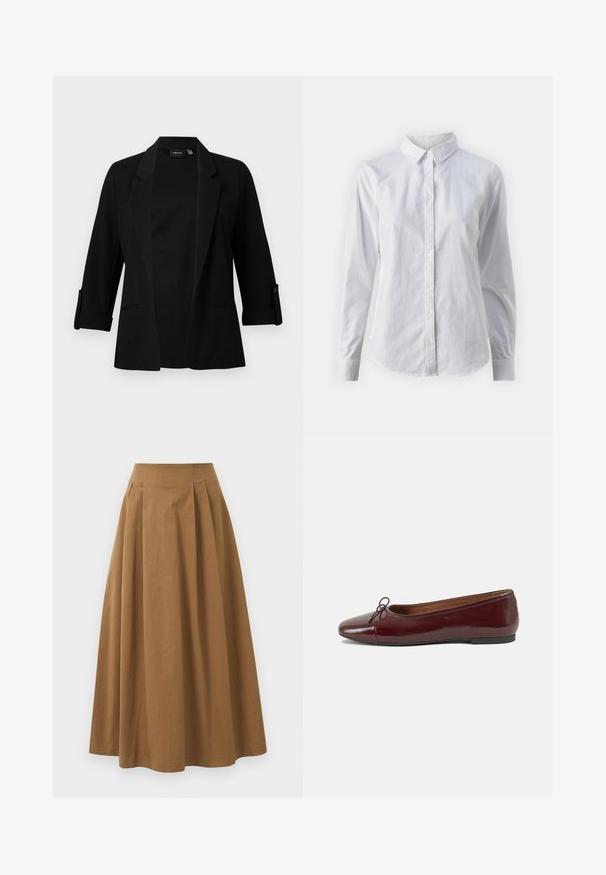 Zwarte blazer met driekwart mouwen, gestructureerde revers, open ontwerp aan de voorkant en knoopdetails op de mouwen. Glad stoftextuur.; Witte overhemd met knopen van glad katoen, met een klassieke kraag, lange mouwen en een afgeronde zoom. De knopen zijn klein en wit.; Bruine katoen A-lijn rok met een hoge taille, voorzien van plooien aan de voorkant en een gladde textuur. De zoomafwerking is schoon en eenvoudig.; Bordeaux gepatenteerd lederen ballerina met een ronde neus, een klein strikaccent aan de voorkant en een lage, zwarte rubberen zool. Glad textuur.