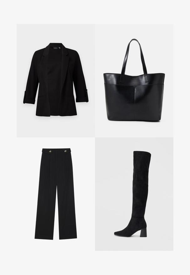 Fekete blézer háromnegyedes ujjakkal, struktúrált hajtókával, elöl nyitott kialakítással és gombdíszítéssel az ujjain. Simára szövött anyag.; Fekete bordázott ujjatlan felső négyzet alakú nyakkivágással és vékony, állítható pántokkal. Az anyag texturált mintázattal és testhezálló fazonnal rendelkezik.; Fekete, bő szárú nadrág magas derékkal, gombos részletekkel a derékrészen és elülső pliszékkal.; Fekete nubuk térd fölé érő csizma, tömbsarokkal, hegyes orral és sima, varrat nélküli dizájnnal, világos háttérrel.; Fekete bőr bevásárlótáska két hosszú fogantyúval, sima felülettel és strukturált formával. Elülső zseb található rajta a plusz tárolás érdekében.