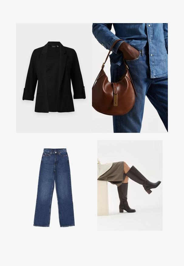 Black blazer with three-quarter sleeves, structured lapel, front open design, and button detail on sleeves. Smooth fabric texture.; Two sleeveless ribbed turtleneck tops in brown and black, displayed on a plain white background.; Wide-leg blue denim jeans with a high waist, featuring a button closure, five pockets, and subtle fading on the fabric.; Brown leather knee-high boots with a square toe, chunky heel, and side zipper. Smooth texture with a polished finish.; Brown leather hobo bag with a rounded shape, featuring a gold hardware accent and contrast stitching. Paired with a denim shirt and jeans.