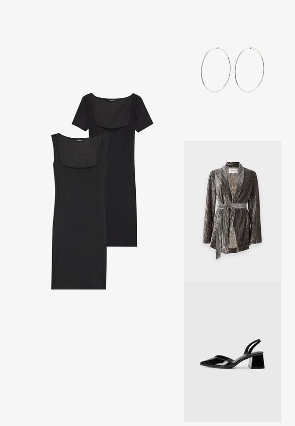 Mekani, teksturirani sivi kaput sa dugim rukavima, nabranim dizajnom i odgovarajućim remenom. Ima šal kragnu i srednju dužinu.; Crna uska haljina s kvadratnim izrezom, kratkim rukavima i rebrastom teksturom. Dvije varijante: svjetlija crna i dublja crna nijansa.; Crne lakirane kožne sandale s otvorenom petom i špicastim vrhom, s geometrijskom blok petom. Imaju elegantan, minimalistički dizajn i glatku teksturu.; Srebrne naušnice od obruča s glatkim, okruglim dizajnom i poliranim završetkom. Tanak su i lagani, s jednostavnim zatvaranjem.