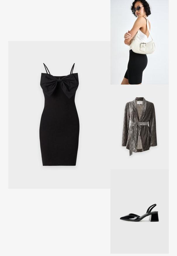 Minkštas, tekstūruotas pilkas apgaubiamasis švarkas su ilgomis rankovėmis, raukšlėtu dizainu ir derančiu diržu. Yra šalikinis apykaklė ir vidutinio ilgio kirpimas.; Juoda prigludusi suknelė su dideliu kaspinu prie kaklo, pasižyminti plonais reguliuojamais dirželiais ir lygiu, tamprių audinių tekstūra.; Juodos lakuotos odinės šlepetės su smailiu pirštu ir geometriniu bloko kulnu. Turi elegantišką, minimalistinį dizainą ir lygų paviršių.; Balta odinė rankinė su kreiva forma, reguliuojama dirželiu ir mažu sagties akcentu. Modelis vilki priglundančius juodus drabužius.