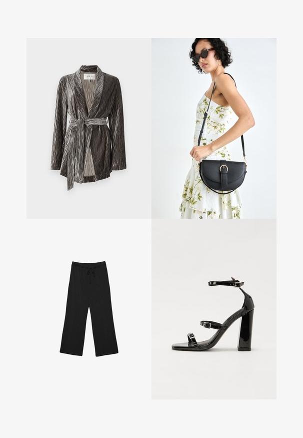 Mehak, strukturni siv odetni plašč z dolgimi rokavi, nabranim dizajnom in usklajenim pasom. Ima šal ovratnik in srednjo dolžino.; Enostavna črna bombažna majica s kratkimi rokavi in okroglim izrezom, prikazana na belem ozadju.; Črne široke hlače iz mehkega materiala, ki imajo elastični pas z vrvico za prilagodljivo prileganje. Gladka, enotna tekstura.; Črne lakirane sandale s peto, kvadratnim prstom, trakovi okrog gležnja in srebrnimi zaponkami. Opremljene so s stabilno Debelo peto.; Črna usnjena torbica s ukrivljeno obliko, z odstranljivo naramnico in zlatimi dodatki. Torbica ima pokrov s podrobnostmi v obliki zaponke.
