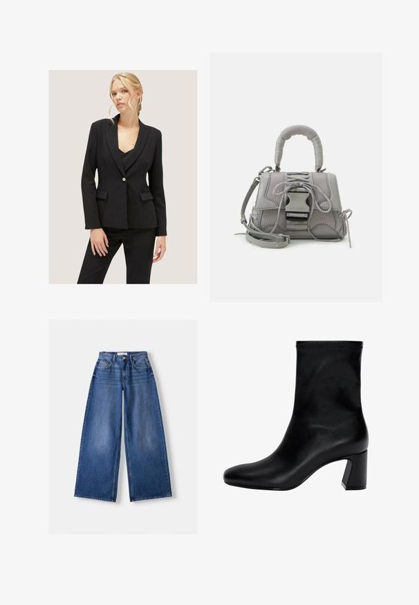 Motivi MONOPETTO - Blazer - nero; Maglione a collo alto blu realizzato in tessuto morbido e elasticizzato. Presenta maniche lunghe e la scritta "JOOP! JEANS" stampata in bianco sulla manica destra.; Bershka WIDE-LEG - Wide Leg - dark blue; Stivaletto nero fino alla caviglia in pelle liscia. Presenta una punta quadrata, un bordo elastico e un tacco robusto per la stabilità. Design minimalista.; Borsa grigia con texture, dotata di manico imbottito, accenti in rete, tracolla regolabile e chiusura frontale. Design compatto con forma arrotondata.