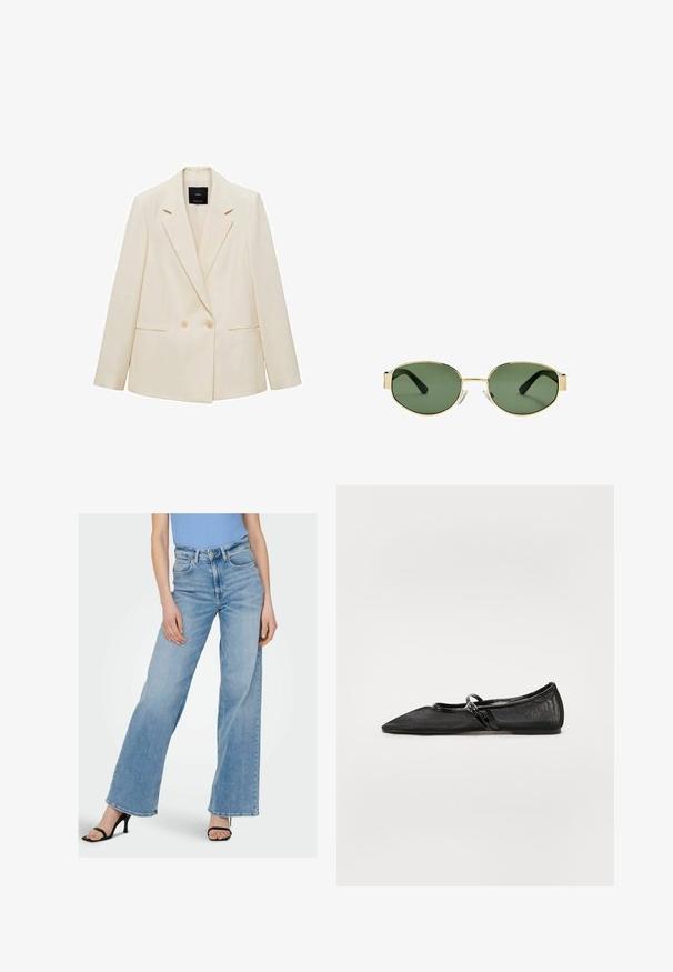 Blazer doppiopetto color crema, con colletto a rotondo, due tasche frontali e chiusura a bottone. Realizzato in tessuto liscio con una vestibilità strutturata.; Top aderente color crema realizzato in tessuto leggero, con un dettaglio arricciato su un lato e spalline sottili regolabili. Texture liscia con cuciture minime.; Jeans in denim azzurro chiaro a gamba larga con vita alta, caratterizzati da cuciture visibili e un classico design a cinque tasche. Abbinati a tacchi neri con cinturini.; Scarpa piatta nera con punta affusolata, tomaia in rete e dettagli in pelle verniciata. Presenta una sottile cinturina con un dettaglio in metallo circolare.; Occhiali da sole con montatura dorata e lenti verdi, forma ovale, stanghette nere e naselli trasparenti. Design pulito e minimalista.