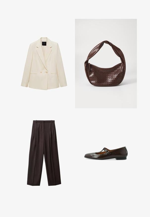 Blazer doppiopetto color crema, con colletto a rotondo, due tasche frontali e chiusura a bottone. Realizzato in tessuto liscio con una vestibilità strutturata.; Top bianco senza maniche con scollatura quadrata, texture liscia e design aderente. Realizzato in tessuto leggero.; Pantaloni a gamba larga in tessuto marrone scuro. Le caratteristiche includono pieghe davanti, una vita con passanti per cintura e tasche laterali. Tessuto dalla superficie liscia.; Scarpe Mary Jane piatte in vernice marrone con punta arrotondata, cinturino con fibbia e tacco basso, caratterizzate da una superficie liscia e lucida.; Borsa in pelle intrecciata marrone con manico curvo annodato e chiusura con zip. Texture liscia e forma arrotondata.