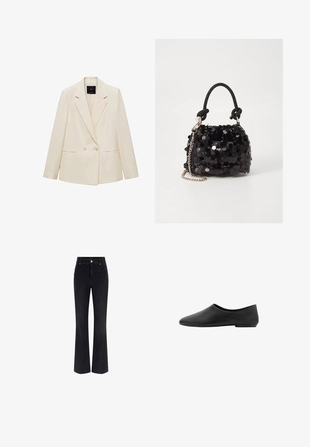 Double-breasted blazer in cream, featuring a notched collar, two front pockets, and button closure. Made of smooth fabric with a structured fit.; White off-the-shoulder t-shirt made of soft, lightweight fabric. Short sleeves, fitted shape, and rolled hem detail. Smooth texture.; Black denim flared jeans featuring a high waist, five-pocket design, and metallic button accents on the sides. Smooth texture and classic fit.; Black minimalist flat shoe with a rounded almond toe and low heel, smooth leather upper, slip-on style.; Black sequin mini handbag with a knotted textured strap and silver chain. Rounded shape with gathered top and reflective detailing.