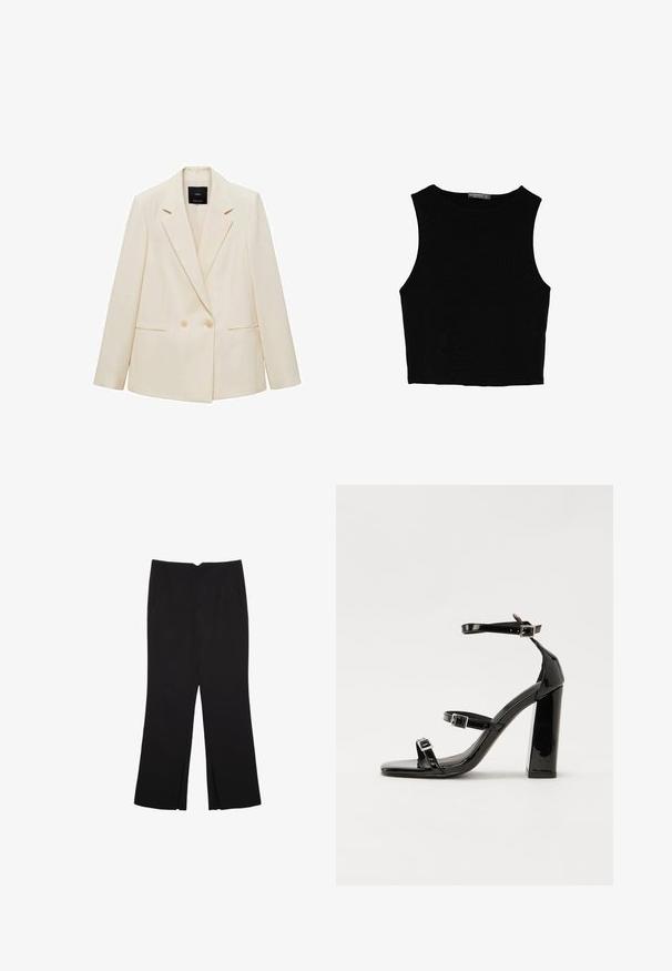 Dwurzędowa marynarka w odcieniu kremowym, z kołnierzem typu wykładane, dwoma przednimi kieszeniami i zapięciem na guziki. Wykonana z gładkiego materiału o dopasowanym kroju.; Czarny bezrękawnik crop top z gładkiego materiału, z okrągłym dekoltem i czystym, prostym wzornictwem, bez wzorów czy metalowych elementów.; Czarne spodnie o prostym kroju, z przednimi kieszeniami i bocznymi rozcięciami na dole. Wykonane z miękkiego, gładkiego materiału. Odpowiednie na różne okazje.; Czarne lakierowane sandały na obcasie z kwadratowym noskiem, z paskami wokół kostki i srebrnymi klamrami. Posiadają masywny słupek dla stabilności.