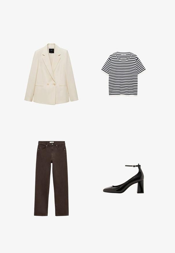 Sacou dublu cu rever în nuanța crem, având un guler cu țăietură, două buzunare frontale și închidere cu nasturi. Fabricat dintr-un material neted, cu o croială construită.; Tricou raiat din bumbac cu dungi orizontale bleumarin și albe, are un guler rotund și mâneci scurte. Textură netedă.; Jeans largi maro din denim, cu un design clasic cu cinci buzunare, închidere cu nasture și detalii subtile de cusătură.; Pantofi cu toc cu curea la gleznă din piele patentată neagră, cu un finisaj glossy, vârf ascuțit și toc gros. Textură netedă, detalii minime.