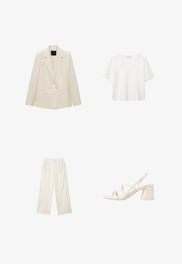 Dvoredni sako u krem boji s reverima, dvije prednje džepove i zatvaranjem na gumbe. Izrađeno od glatkog materijala s strukturiranim krojem.; Bijela majica kratkih rukava od pamuka. Ima okrugli izrez i opušteni kroj. Glatka tekstura bez vidljivih uzoraka ili naglasaka.; Hlače širokih nogavica od kremaste tkanine s glatkom teksturom, s jednim prednjim gumbom, suptilnim plitvicama i visokim strukom.; Bežne sandale s petom u bež boji s tankim, ukrštenim trakama, otvorenim nožnim prstima i kvadratnim blok petom. Glatki patentirani finiš, podesiva remenica oko gležnja.