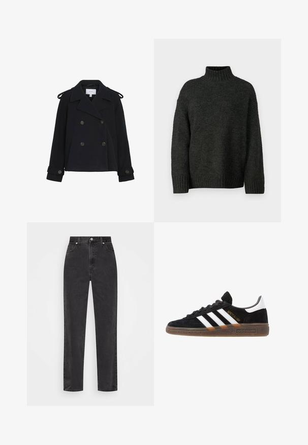 Μαύρο μάλλινο παλτό με διπλό κούμπωμα, μεγάλο γιακά, επωμίδες στους ώμους και κουμπωτές μανσέτες. Περιλαμβάνει μπροστινές τσέπες και χάλκινα κουμπιά.; Vero Moda Tall VMMADDIE HIGHNECK PULL - Πουλόβερ - dark grey melange; Μαύρα τζιν παντελόνια σε ίσια γραμμή με ψηλόμεση μέση, κουμπί και φερμουάρ μπροστά, και πέντε τσέπες σε λευκό φόντο.; Μαύρο αθλητικό παπούτσι Adidas με λευκές ρίγες, χρυσό κείμενο "Spezial", σόλα από καουτσούκ και λευκό τακουνάκι, εμφανίζεται σε προφίλ.