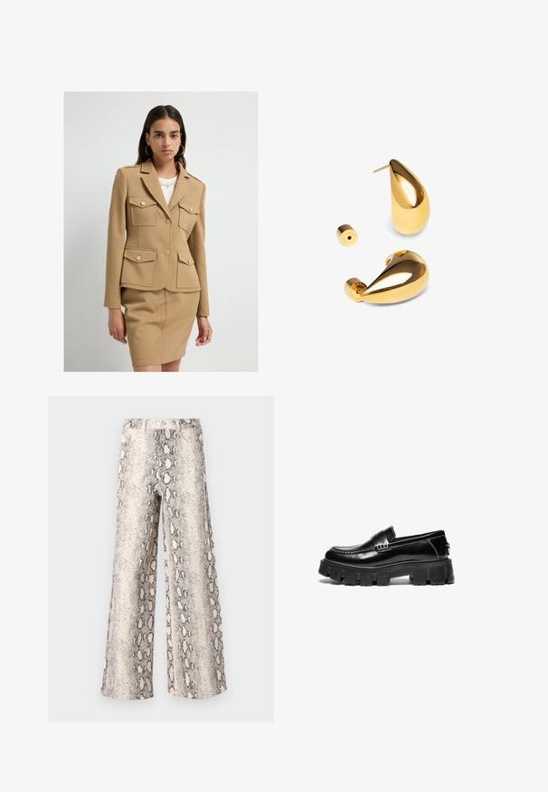 Młoda kobieta w beżowej, dopasowanej marynarce z czterema zapinanymi kieszeniami i pasującą spódnicą na tle jednolitego białego tła.; Czarna koszulka z długim rękawem, wykonana z miękkiego materiału. Posiada szeroki okrągły dekolt oraz luźny krój ze prostym dołem. Brak widocznych wzorów lub akcentów.; Spodnie typu wide-leg w wzór wężowy, z kremowo-szarym schematem kolorów, wykonane z fakturowanej tkaniny o wysokim stanie.; Czarne skórzane loafersy z masywną kauczukową podeszwą, ozdobnym paskiem na górze i kontrastującym białym przeszyciem. Gładka tekstura z zaokrąglonym noskiem.; Singularu - Kolczyki