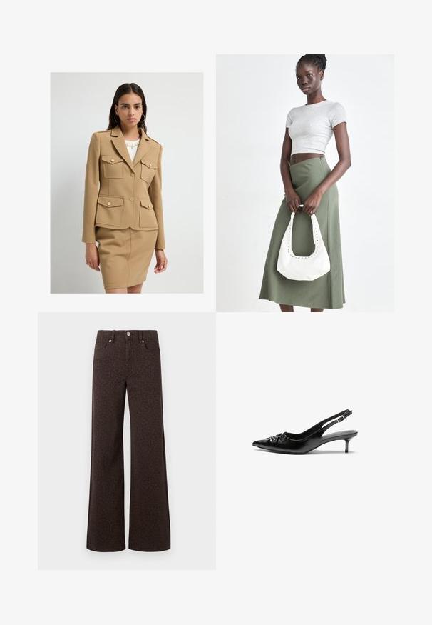 Mladá žena v béžovém saka na míru se čtyřmi kapsami na knoflíky a odpovídající sukní na bílém pozadí.; Tmavě hnědé tričko s dlouhým rukávem a kulatým výstřihem, těsně přiléhající k tělu, vystavené na bílém pozadí.; Hnědé kalhoty širokého střihu s jemným leopardím vzorem, vyrobené z denimu s hladkou texturou a klasickým designem pěti kapes.; Černé kožené lodičky na slingback s špičatou špičkou, malým podpatkem typu kitten a ozdobným uzlem na přední straně. Hladký povrch po celém obvodu.; Šedý pruhovaný crop top a olivově zelená sukně s vysokým pasem. Modelka drží bílou kabelku přes rameno s výřezovými detaily. Jednoduchý design, přiléhavý silueta.