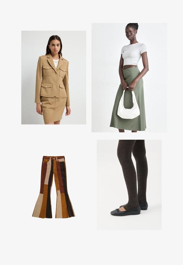 Nuori nainen, jolla on päällään beige muotiluotoitettu bleiseri, jossa on neljä nappikiinnitettyä taskua, ja samaan sävyyn oleva hame, sekä yksinkertainen valkoinen tausta.; Musta pitkähihainen, slim fit -paita, jossa on neliömäinen kaula-aukko, merkitty GAP, esillä valkoisella taustalla.; Leveästi lahkeistaan levenevät palttinaverkkohousut, joissa on raidallinen kuvio ruskean, beigen ja kullan sävyissä, taskut ja värillinen vyötärönauha.; Mustat matalat kengät, joissa on pieni nauha varpaissa, yhdistettynä tummanruskeisiin ribattuisiin sukkahousuihin. Kengissä on sileä pinta ja matala profiili.; Harmaa ribbattu crop-top ja oliivinvihreä korkeavyötäröinen hame. Malli pitää valkoista olkalaukkua, jossa on leikattu yksityiskohtia. Yksinkertainen muotoilu, vartalonmyötäinen siluetti.
