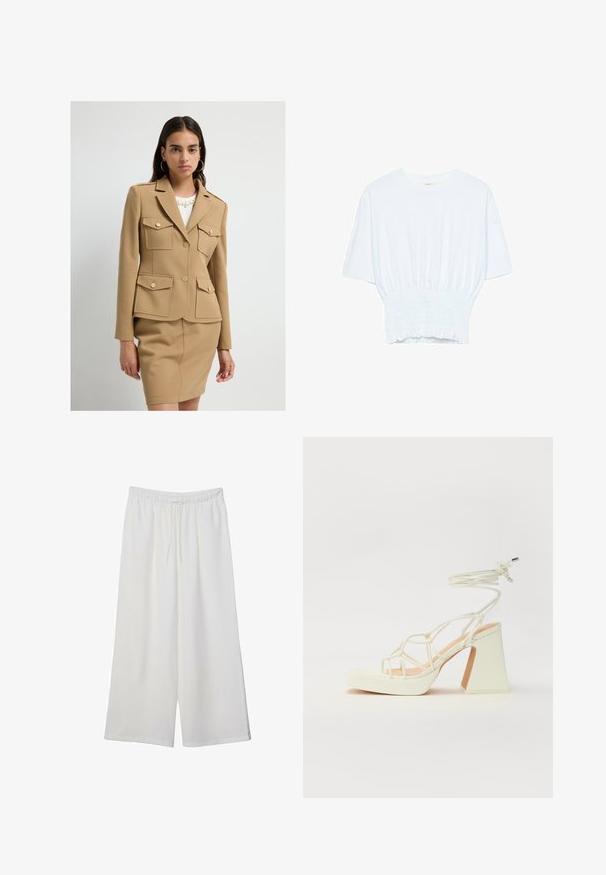 Młoda kobieta w beżowej, dopasowanej marynarce z czterema zapinanymi kieszeniami i pasującą spódnicą na tle jednolitego białego tła.; Biała koszulka z krótkim rękawem o luźnym kroju i marszczonym wykończeniu w talii. Wykonana z miękkiego, lekkiego materiału.; Białe szerokie spodnie wykonane z lekkiego materiału, z elastyczną talią i sznurkiem do regulacji fasonu. Gładka tekstura.; Biała sandał na wysokim obcasie z masywnym słupkiem, z paskowym wzorem i wiązaniem przy kostce. Gładka faktura z platformą z przodu dla dodatkowej wysokości.
