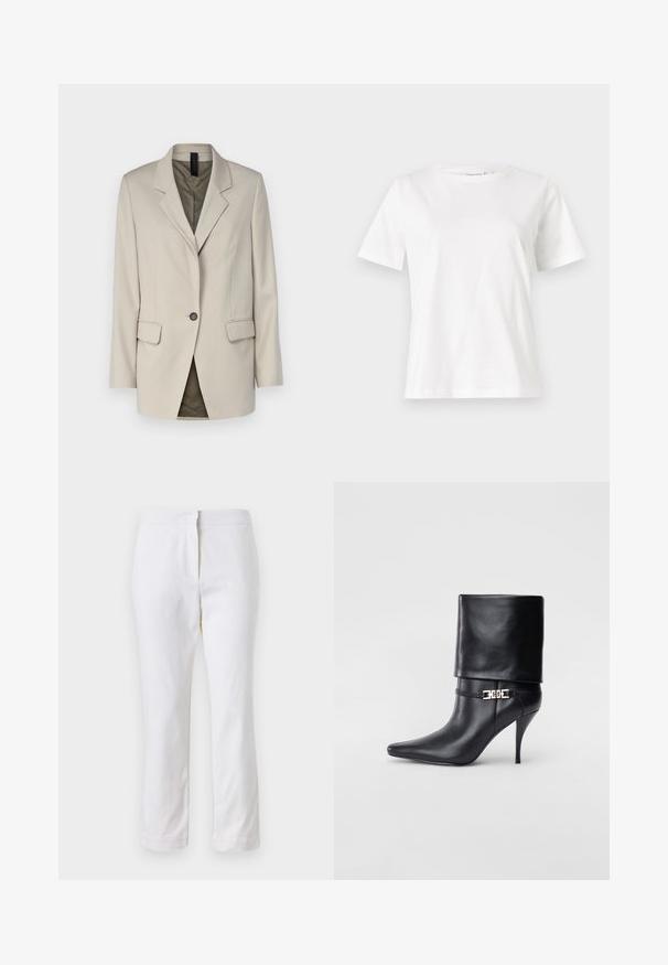 Blazer bege com lapelas recortadas, fecho de um único botão, dois bolsos frontais e uma textura suave. O interior tem um forro de cor contrastante.; T-shirt de algodão branco com mangas curtas, decote redondo e um corte descontraído. Textura suave, sem padrões ou detalhes, design minimalista.; Calças de algodão brancas com um design de perna reta, apresentando uma cintura de altura média e sem hardware ou padrões visíveis. Textura suave por toda a peça.; Bota de tornozelo em couro preto com bico fino, alto salto stiletto, punho dobrado e detalhe decorativo em fivela dourada no tornozelo.