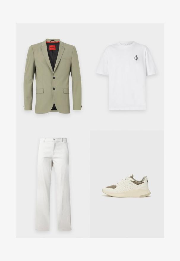 Svetlozelený blazer s dvoma čiernymi gombíkmi, jednou náprsné kapsou, zárezovými klopami a čiernym podšívkou. Na etikete je napísané "HUGO" červenou farbou.; Biela bavlnená tričko s voľným strihom, s malým čiernym grafickým logom na ľavej strane hrudníka. Krátke rukávy, okrúhly výstrih.; Svetlošedé nohavice so strihom rovného nohu, vyrobené z hladkej tkaniny, s predným zapínaním na gombík a bočnými vreckami.; Biele a svetlo béžové športové tenisky s hornou časťou z mriežkového materiálu, perforovanými detailmi a textúrovanou medzipodrážkou s logom na päte.