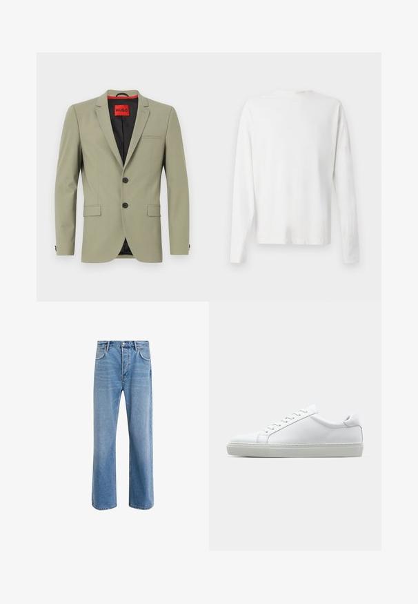 Blazer verde chiaro con due bottoni neri, taschino sul petto a singolo, revers, e foderato di nero. L'etichetta riporta "HUGO" in rosso.; Camicia bianca in cotone a maniche lunghe con scollatura rotonda, spacchi laterali in fondo e una texture liscia, mostrata da dietro.; Jeans in denim blu chiaro con design a gamba dritta, cinque tasche, chiusura con bottone, leggero sbiadimento e dettagli di cucitura a contrasto.; Sneaker bianco con tomaia in pelle liscia e profilo basso. Presenta una punta arrotondata, sei occhielli e una suola in gomma testurizzata.