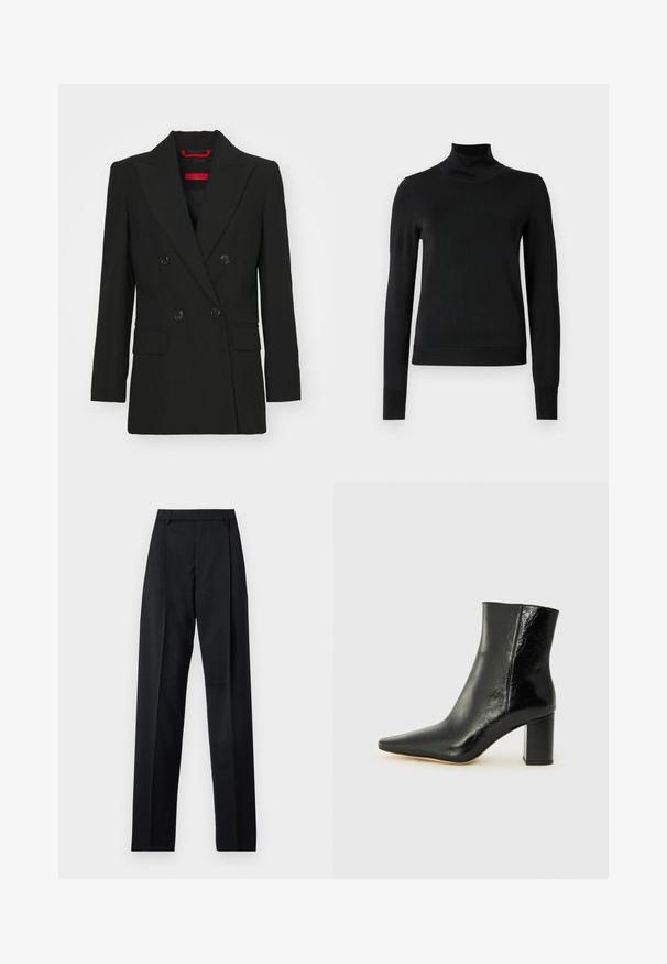 Čierny dvojradový sak s špicatými klopami, dvoma prednými vreckami a gombíkovým zapínaním. Hladká textúra, prispôsobený strih a viditeľná červená značka.; Čierny dlhý rukáv rolák s rebrovanými manžetami a lemom, zobrazený na čistej bielej pozadí.; Čierne nohavice vyrobené z hladkej látky s vysokým pásom, širokými nohavicami, prednými záhybmi a klasickými pútkami na opasok. Žiadne bočné vrecká nie sú viditeľné.; Čierne členkové čižmy vyrobené z lesklej kože s špicatou špičkou a robustným štvorcovým podpätkom. Majú hladkú textúru a minimalisti design.