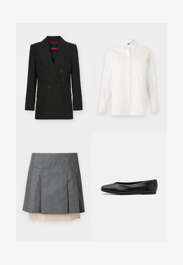 Czarna dwurządowa marynarka z szpiczastymi klapami, dwoma przednimi kieszeniami i zapięciem na guziki. Gładka tekstura, dopasowany krój i widoczna czerwona metka marki.; Biała koszula z długim rękawem wykonana z bawełny, z klasycznym kołnierzykiem, pojedynczą kieszonką na piersi i guzikami na mankietach. Gładka tekstura, prosty krój.; Szara spódnica w plisy o teksturowanym wykończeniu, z półprzezroczystą, jasnoróżową podszewką w plisy i bocznym zapięciem na zamek.; Paul Smith TOPANGA czarny