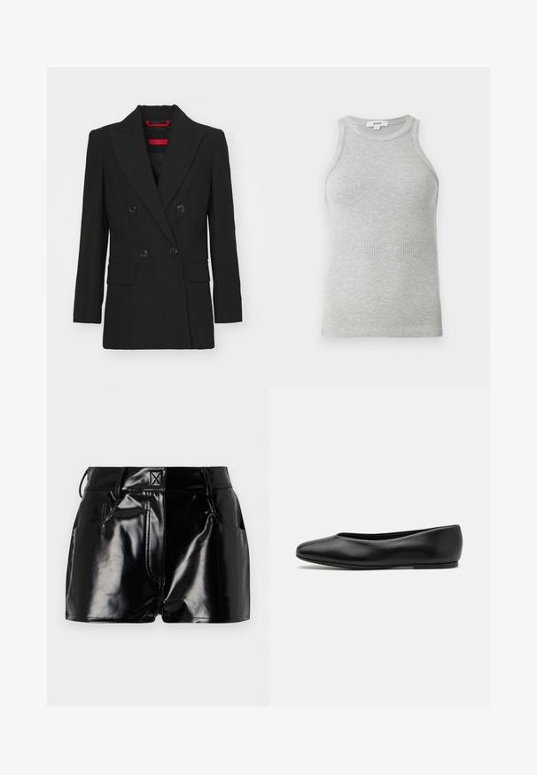 Blazer negro de doble botonadura con solapas en punta, dos bolsillos frontales y cierres a presión. Textura suave, corte entallado y etiqueta de marca roja visible.; Camiseta de tirantes gris acanalada con un diseño ajustado, sisas anchas y un escote redondeado. Fabricada en suave algodón con una textura lisa.; Shorts negros y brillantes de material sintético. Presentan una cintura ajustada, trabillas para el cinturón y bolsillos frontales con detalles de costura prominentes.; Paul Smith TOPANGA - Bailarinas - black