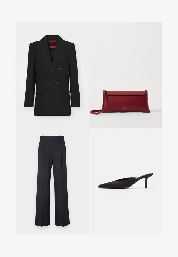 Blazer negru cu două rânduri de nasturi, rever ascuțit, două buzunare frontale și închidere cu nasturi. Textură netedă, croială ajustată și etichetă de marcă roșie vizibilă.; Cămașă din tricot cu mânecă lungă, gri, cu guler rotund, siluetă mulată, textură netedă, fără logo-uri sau embellishments vizibile.; Pantaloni în dungi de culoare albastru închis, cu talie înaltă, design cu broek larghi și fără hardware sau embellishments vizibile. Textură netedă și croi adaptat.; Mule negre cu vârful ascuțit, cu un design elegant, realizat dintr-un material moale, având un toc subțire și spate deschis pentru o purtare ușoară.; Geantă de mână roșie din piele cu o textură rafinată, având un capac plat pliat și o curea scurtă. Logo-ul subtil al mărcii pe față.