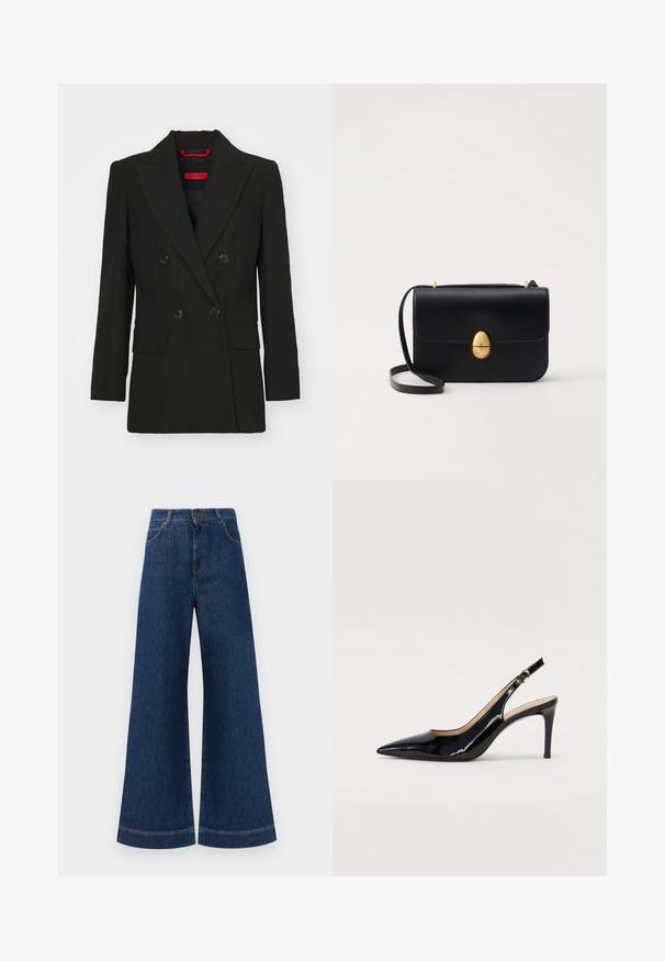 Black double-breasted blazer with peak lapels, two front pockets, and button closures. Smooth texture, tailored fit, and red brand label visible.; White cotton t-shirt with short sleeves, round neckline, relaxed fit, and stitched hem. Label visible on the inside neck.; Wide-leg blue denim jeans with a high waist, featuring a button closure, belt loops, and subtle stitching details along the pockets and hems.; Black patent leather slingback pump with pointed toe, slim heel, and a subtle cutout design. Features a gold buckle on the strap.; Black leather handbag with a structured rectangular shape. Features a golden oval clasp and a thin shoulder strap. Smooth texture.