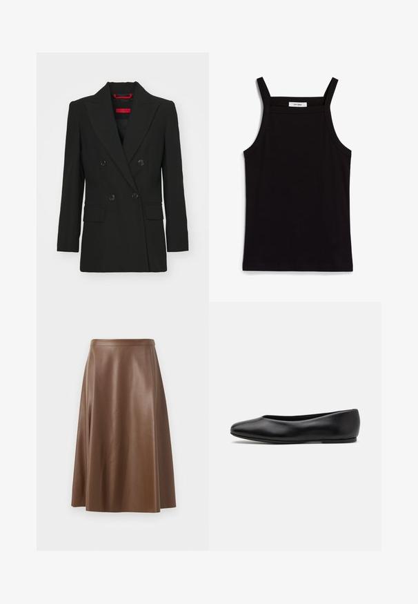 Černý dvouřadý blazer s špičatými klopami, dvěma předními kapsami a knoflíkovým zapínáním. Hladká textura, příjemný střih a viditelná červená značka.; Černý top bez rukávů s tenkými ramínky, vyrobený z žebrované tkaniny, se rovný střih a štítek na výstřihu s nápisem "IVY OAK."; Hnědá kožená áčková sukně s hladkým povrchem a střední délkou. Má přiléhavý pas a mírné zvonění od boků.; Paul Smith TOPANGA - Klasické baleríny - black