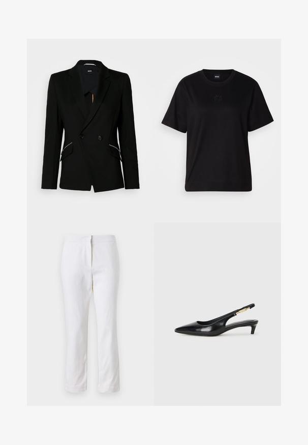 Črn dvoredni blazer z obloženimi reverji, zadrgo na stranskih žepih in gladkim, teksturiranim materialom. Podloga vidna pri vratu.; Črna bombažna majica s krožnim izrezom, kratkimi rokavi in izvezenim logotipom na prsih. Preprosta, sproščena silhueta brez vzorcev.; Beli bombažne hlače s ravnim krojem, srednje visoko pasom, brez vidnih kovinskih elementov ali vzorcev. Gladka textura po vsej površini.; Črne usnjene sandale na peto z ostro konico, ki imajo tanko peto in zlat ton na nastavljivem traku. Gladka tekstura.