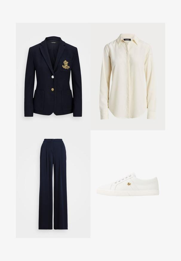 Blazer azul-marinho com um tecido texturado, acessórios em dourado, fecho de um único botão e um bolso no peito com um logótipo bordado.; Camisa de manga longa de cor creme clara com colarinho pontiagudo, frente com botões e textura suave; apresenta uma bainha arredondada e corte ajustado.; Calças largas azul-marinho com pregas frontais e fecho de botão na cintura, exibidas em fundo simples.; Lauren Ralph Lauren JANSON II CANVAS SNEAKER - Sapatilhas - optic white