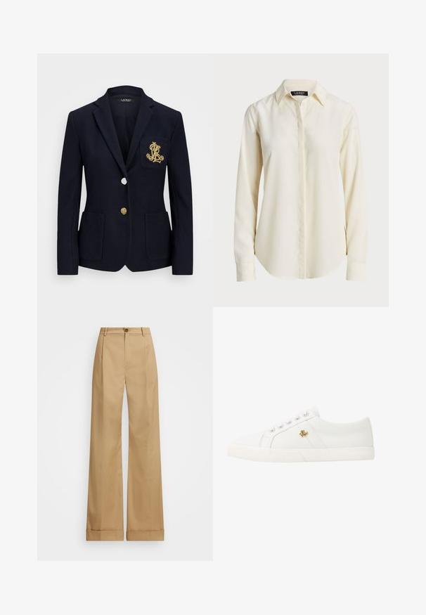 Marineblazer i teksturert stoff, med gullbeslag, enkel knappelukking og brystlomme med brodert logo.; Lys kremfarget skjorte med lange ermer, spiss krage, knappelukking foran og glatt tekstur; har en rundet kant og tilpasset passform.; Beige vide bukser med knaplukning, som har en glat overflade og pressede folder. Med opsmøg for ekstra detaljer.; Lauren Ralph Lauren JANSON II CANVAS SNEAKER - Joggesko - optic white