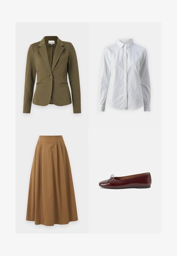 Olivno zelena blejzer s izrezanim ovratnikom, z enim gumbom za zapiranje, dvema sprednjima žepoma in strukturirano tkanino. Minimalističen dizajn.; Bela srajca z gumbki, narejena iz gladkega bombaža, s klasičnim ovratnikom, dolgimi rokavi in ukrivljenim robom. Gumbi so majhni in beli.; Rjava bombažna A-linijska krila z visokim pasom, ki vključuje naborke spredaj in gladko teksturo. Robovi so čisti in preprosti.; Burgundska patenti usnjeni baletni čevlji z zaobljenim prstom, majhnim lokom na sprednji strani in nizkim črnim gumijastim podplatom. Gladka tekstura.