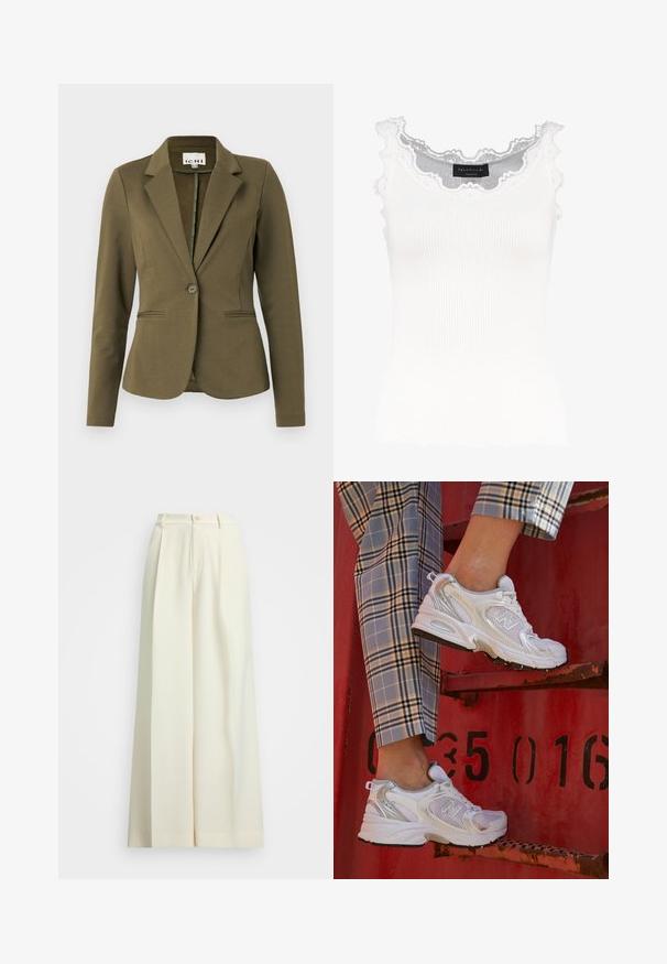 Olive green blazer with a notched collar, single button closure, two front pockets, and textured fabric. Minimalistic design.; White ribbed tank top with lace trim on the neckline and sleeves. Features a soft texture and fitted shape. Brand label visible inside.; Wide-leg trousers in off-white fabric, featuring a high waist, double pleats, and a button closure. Smooth texture and tailored design.; White mesh sneakers with silver accents and a textured sole, positioned on a red surface, paired with plaid trousers.
