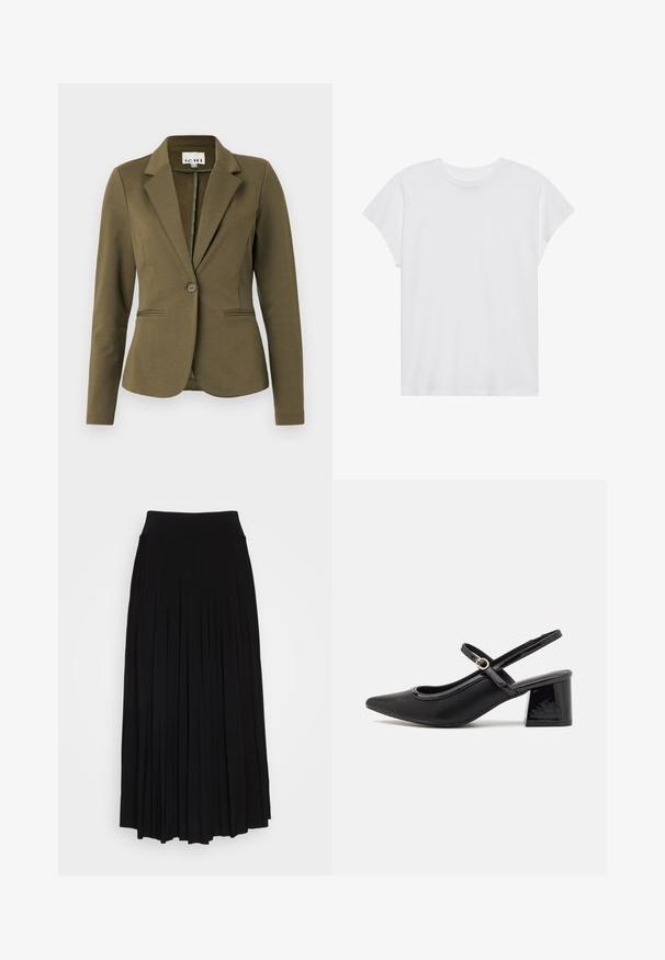 Olíva zöld blézer, kiemelkedő gallérral, egy gombos záródással, két elülső zsebbel és texturált anyagból. Minimalista dizájn.; Fehér, rövid ujjú póló, kerek nyakkivágással, laza szabású, puha pamut anyagból készült. Sima felület, nincs rajta minta vagy logó.; Fekete, redőzött szoknya magas, rugalmas derékrésszel. Puha anyagból készült, függőleges redőzéssel a légies sziluett érdekében.; Fekete lakk bőr, pántos magassarkú cipő, hegyes orral, lekerekített kivágással és tömbsarkal. Arany színű csat díszíti.