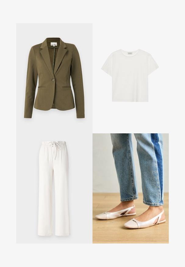 Olīvzaļš žakets ar izgrieztu apkakli, vienas pogas aizdari, divām priekšējām kabatām un strukturētu audumu. Minimālistisks dizains.; Balts īsām piedurknēm T-krekls, kas izgatavots no mīksta kokvilnas. Tam ir apaļš izgriezums un brīvs piegriezums. Tīrs dizains bez redzamām rakstiem vai akcentiem.; Baltas platās bikses, izgatavotas no mīkstas auduma, ar punktu jostas vietā un gludu tekstūru. Nav redzami raksti vai rotājumi.; Bālti rozā siksniņu dzīvokļi ar smailu purngalu, izgatavoti no gludas ādas līdzīgās materiāla. Iezīmē izgriezumu detaļas sānos un platu papēdi.