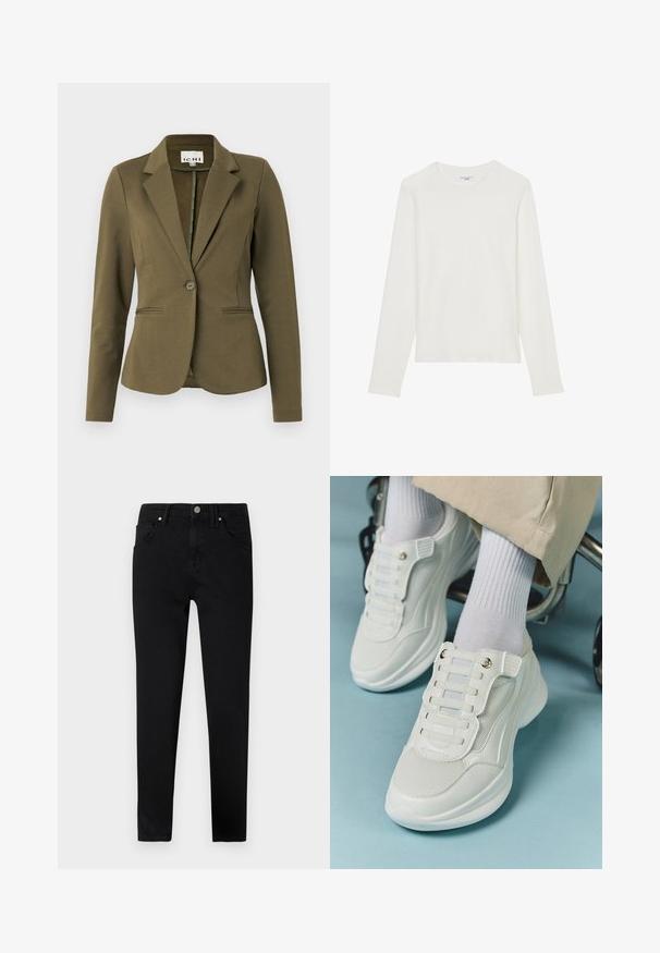 Vihreä oliivi bleiseri, jossa on taitettu kaulus, yksinäinen nappisulku, kaksi edessä olevaa taskua ja teksturoitu kangas. Minimalistinen muotoilu.; Pitkähihaista valkoista t-paitaa, joka on valmistettu pehmeästä kankaasta. Paidassa on pyöreä kaula-aukko ja yksinkertainen, virtaviivainen muotoilu ilman ylimääräisiä kuvioita.; Mustat denim-farkut, joissa on kapea istuvuus, etunapilla suljettava vyötärö, vyölenkit ja klassinen viiden taskun malli. Suora pinta.; Valkoiset lenkkarit, joissa on verkkokangas, kumipohja, nauhattomuus elastisilla nauhoilla ja kultatäyteiset yksityiskohdat.