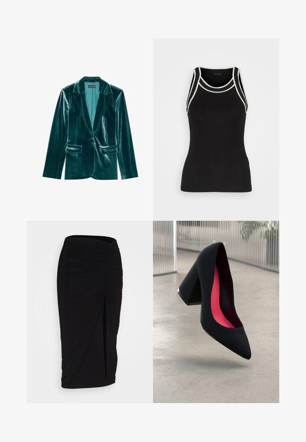 Blazer in velluto teal con rever a punta, chiusura con un bottone e due tasche frontali. Tessuto liscio e taglio su misura in tutto il capo.; Top a maniche corte nero a coste con rifiniture bianche. Presenta un collo rotondo e un design a racerback. Realizzato in un tessuto elasticizzato per il massimo comfort.; Gonna a tubino nera, arricciata, con dettaglio a fiocco e uno spacco laterale. Realizzata in un tessuto elasticizzato, presenta una texture liscia e un design aderente.; Scarpa con tacco alto nera, con punta affusolata, superficie testurizzata e un vivace interno rosa. Presenta un tacco spesso con un accento argentato.