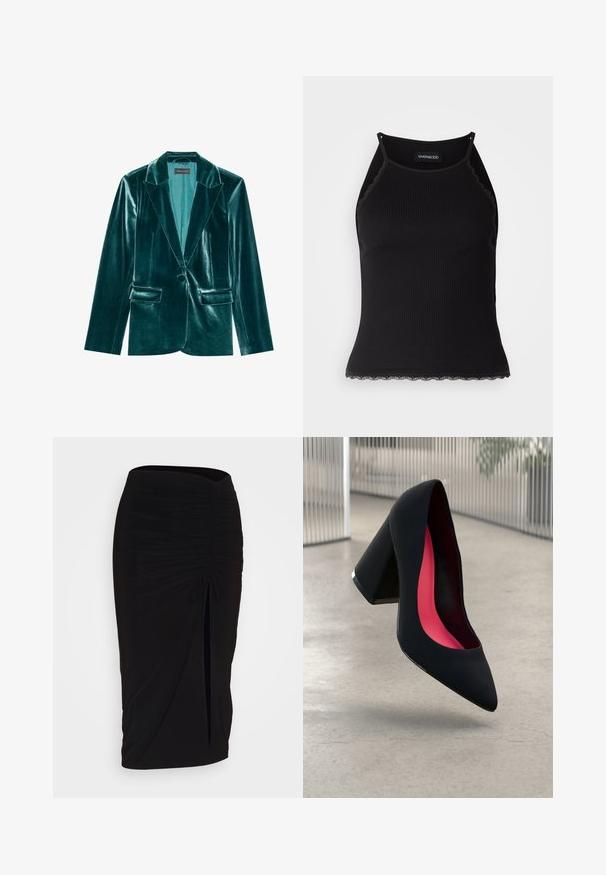 Teal bársonykabát, amelynek élénk hajtókája van, egy gombos záródással és két elülső zsebbel rendelkezik. Sima textúrájú és testhez álló fazon.; Fekete bordázott ujjatlan felső, csipkés, fodros szegéllyel az alján. Vékony pántokkal és testhez simuló kialakítással rendelkezik. Stretch anyagból készült.; Fekete, ráncolt ceruzaszoknya kötött részlettel és oldalsó hasítékkal. Rugalmas anyagból készült, sima textúrával és testhez álló kialakítással.; Fekete magassarkú cipő hegyes orral, textúrált felülettel és élénk rózsaszín béléssel. Vastag sarokkal rendelkezik, ezüst kiegészítővel.