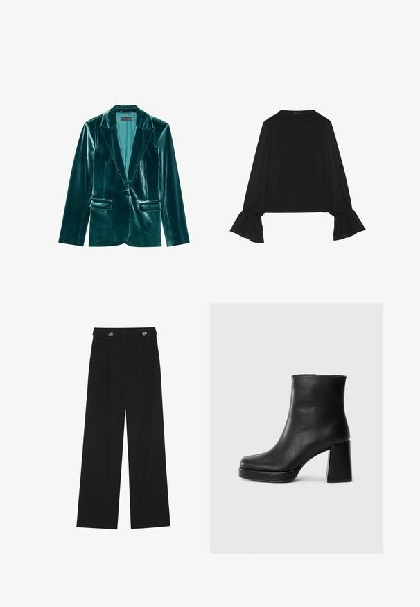 Teal velvet blazer with a notched lapel, single button closure, and two front pockets. Smooth texture and tailored fit throughout.; Black long-sleeve top featuring flared cuffs, soft texture, and a relaxed fit, with a simple round neckline.; Black wide-leg trousers with high waist, button details on waistband, and front pleats.; Black leather ankle boot with a block heel and platform sole, viewed from the side on a plain white background.