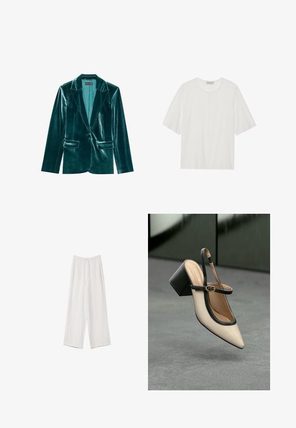 Tyrkysový sametový blejzer s klopovým límcem, jedným gombíkom a dvoma prednými vreckami. Hladká textúra a presný strih po celom obvode.; Biela krátkopupková tričko vyrobené z mäkkého materiálu. Má okrúhly výstrih a mierne boxový strih. Hladká textúra, minimálne detaily.; Biele široké nohavice vyrobené z ľahkej tkaniny. Obsahujú elastický pás so sťahovacou šnúrkou a bočné vrecká. Hladká textúra.; Béžová lodička so špicatou špičkou, s čiernym lemom, zlatou prackou a robustným blokovým podpätkom na šedom podlahe s tmavozeleným pozadím.